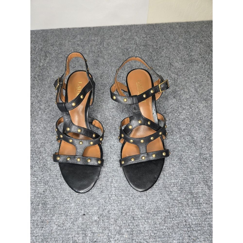 Studded Lauren Ralph Lauren Women's Hilda 3" Wedge Sandal Polo Tan 6.5 Leather